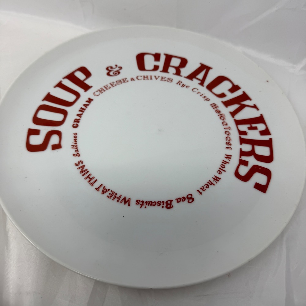 Vintage Seymour Mann Soup & Crackers Ceramic Plate White Red Typography Retro